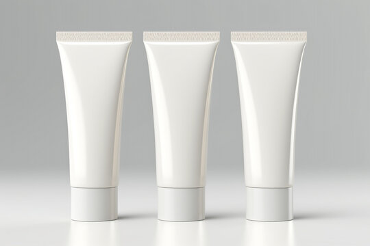 Three white cream tube mockup templates with blank space. Cosmetic packaging, display, branding, for text or design. Generative AI. 