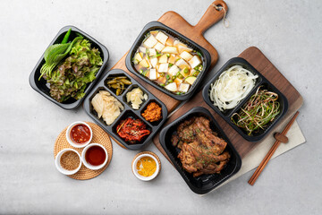 Korean food, pork, grilled, pork belly, cold noodles, ribs, charcoal fire, kkakduk, side dishes,