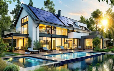 Fototapeta na wymiar Modern single family house with solar panels on roof blending luxury architecture with eco friendly energy solutions residence showcases future oriented design emphasizing sustainable living