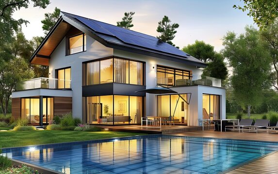 Modern single family house with solar panels on roof blending luxury architecture with eco friendly energy solutions residence showcases future oriented design emphasizing sustainable living