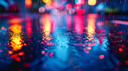 Rainy night street scene with vibrant lights and wet reflections, capturing the mood of an urban environment in motion with colorful and dynamic elements