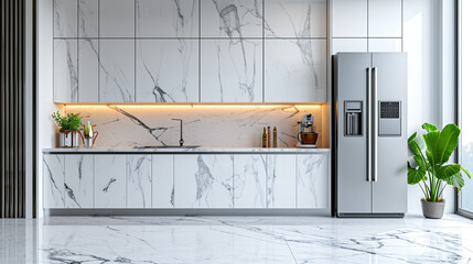 A minimalist kitchen with stainless steel appliances against white marble countertops. 