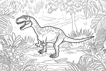 Allosaurus Dinosaur Black White Linear Doodles Line Art Coloring Page, Kids Coloring Book