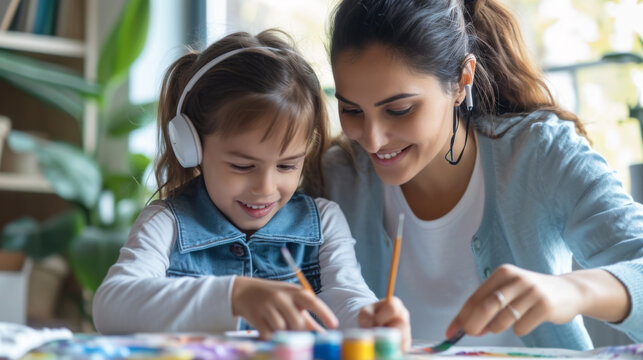 smiling woman and a young girl with headphones painting with watercolors at a table, enjoying a creative activity together