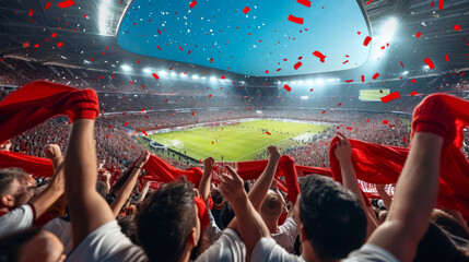 crowded sports stadium with a vibrant atmosphere, where spectators are holding up red scarves and...
