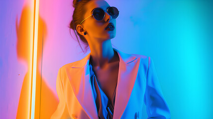 Obraz premium A fashion-forward woman in a white blazer and trendy sunglasses posing under vivid blue and pink neon lighting. 
