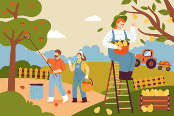 Hand drawn flat fruit harvest composition background with people collecting fruits from trees