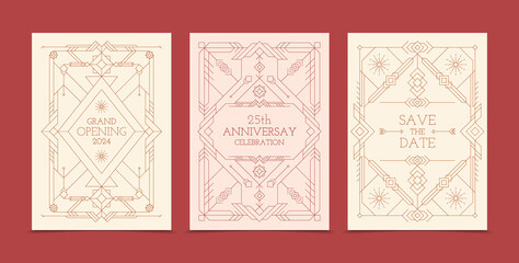 Flat linear vertical card template collection for events with ornaments and geometric shapes