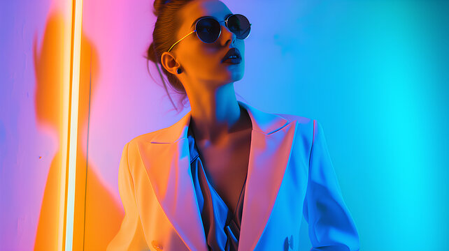 A fashion-forward woman in a white blazer and trendy sunglasses posing under vivid blue and pink neon lighting.
