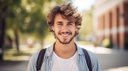 Diverse and relaxed portrait of a male student, happily posing outdoors.