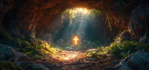 Fototapeta na wymiar A Glowing Cross in a Cave A Spiritual Oasis for Adventure Seekers Generative AI
