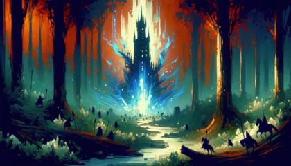 Fotobehang Mystical Forest Citadel Illuminated by Ethereal Light - A Fantasy Landscape Digital Artwork © kit cool