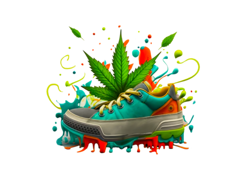 bright colorful sneaker and marijuana leaf, T-shirt print