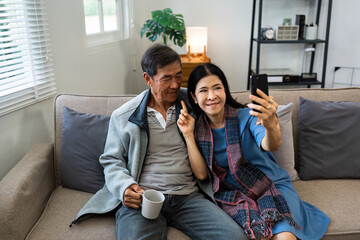 Retired elderly couple sits on couch drink tea and using mobile together and relax in their home....