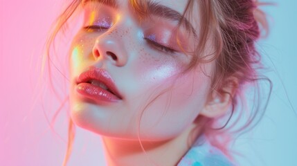A horizontal portrait capturing a young lady's beauty in pastel hues and glittery makeup.