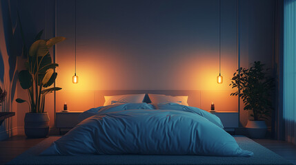 A serene bedroom with a single pendant light casting a soft glow over a simple bed. 