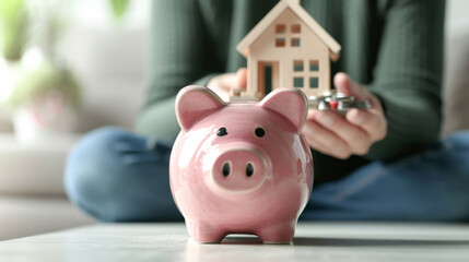 person is holding a piggy bank with a small wooden house on top, symbolizing savings for housing