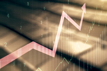Multi exposure of virtual abstract financial chart and upward arrow interface on blurry metal...