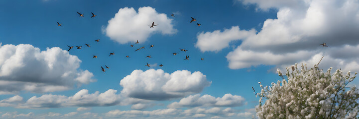Fototapeta premium 3:1 banner by swallows returning home during the spring, blue sky and white clouds. Good for travel promotion, product promotion, social media or websites, wedding, seasonal festivals.