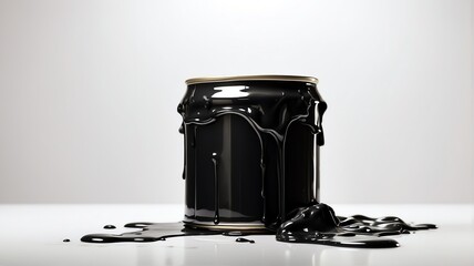 Large open can of black paint with some drips on plain white background from Generative AI