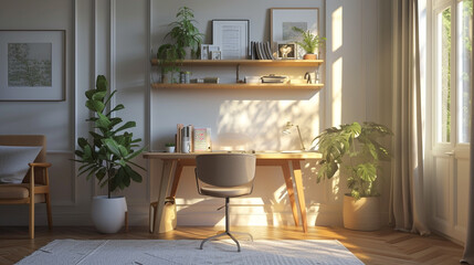 A simple home office with a solitary desk and a single, striking wall shelf. 