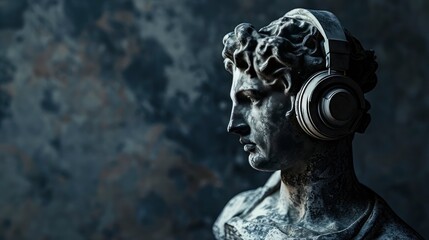 Side profile of a stone statue adorned with headphones, highlighted by striking lighting effects.