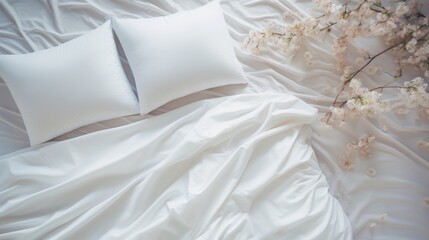 Top view of a white bed with a sheet, blanket, pillows and flowers in natural light.
