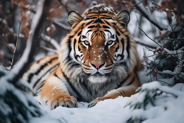 Fototapeta na wymiar close-up portrait of a siberian tiger lying in snowy forest