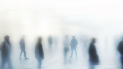 a crowd of people in blurry motion in the fog of a city street, abstract background, urban smoke, concept social issues