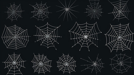 collection of isolated cobwebs on a black background, flat minimalism graphics, set of web illustrations