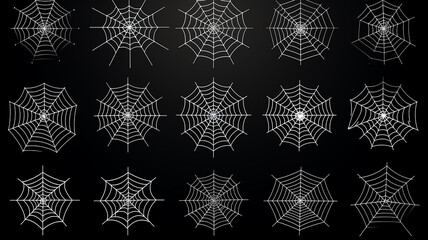 collection of isolated cobwebs on a black background, flat minimalism graphics, set of web illustrations