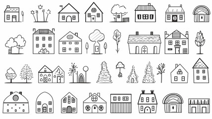 collection of icons of small houses isolated on a white background, flat minimalism graphics, set of illustrations of simple houses