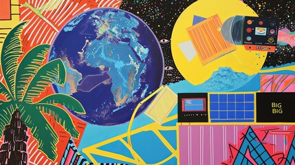 Cover of a 1980s new wave record called a satellite orbiting the earth and palm trees and a radio wallpaper.