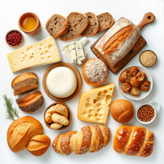 Dutch Easter breakfast with a variety of breads and cheeses, on a white background, for background, poster, print, designer postcard, banner, flyer