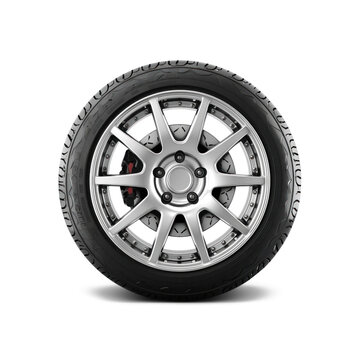 Modern car wheel with alloy rim and tire isolated on white background.