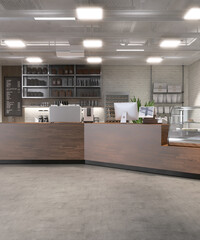 Interior design of luxury, modern coffee shop cafe with counter, espresso machine, cash register,...