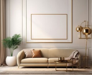 living room interior modern table, sofa design scene frames on wall mockup