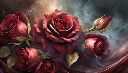 Piękne, bordowe, rustykalne Róże, tapeta, dekoracja. Generative AI