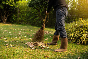 Gardener man sweeps dried leaf on the grass field in the garden at home. cleaning concept.