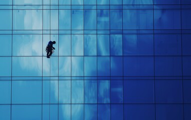 A worker scales the reflective blue glass facade of a modern building, casting a solitary silhouette against the sky.