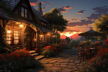 An anime countryside inn with a warm and inviting