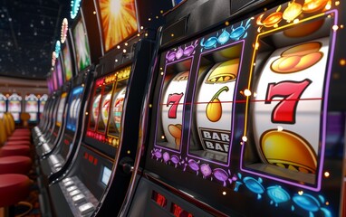 Vibrant slot machines with glowing lights and colorful displays in a busy casino, showcasing the excitement of gambling. - obrazy, fototapety, plakaty