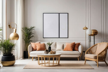 Bohemian Living Space: Empty Frame Mockup in Cozy Apartment Interior




