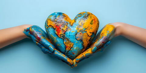 hands, painted in the world map, forming heart shape isolated on blue background - obrazy, fototapety, plakaty