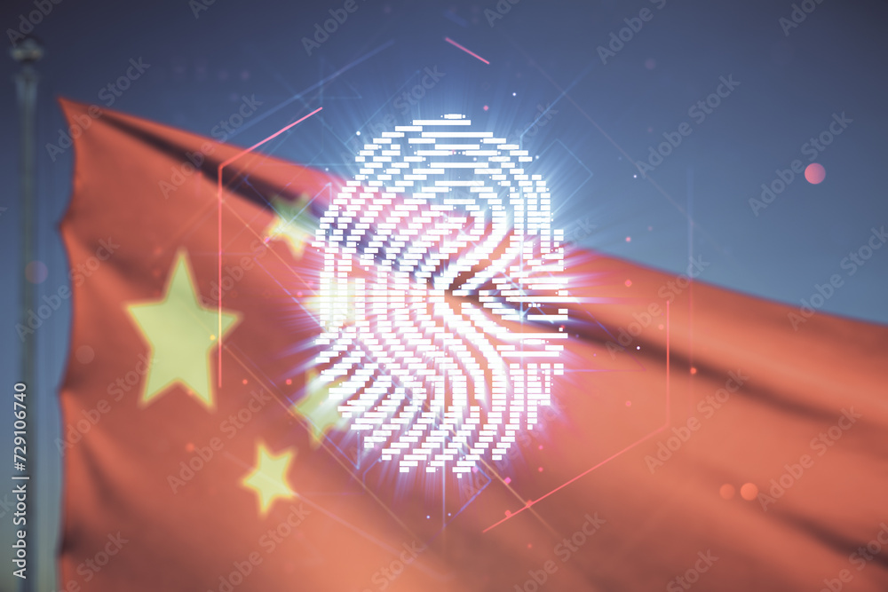 Poster Multi exposure of virtual graphic fingerprint sketch on Chinese flag and sunset sky background, fingerprint scan data concept