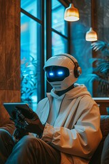 Realistic photo for a robot interacting with a tablet, digital marketing Instagram post, emphasizing the advantages of automated messaging. Concept of automated messaging.