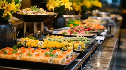 A vibrant buffet spread of fresh sushi, salads, and various dishes, beautifully presented with flowers in the background.