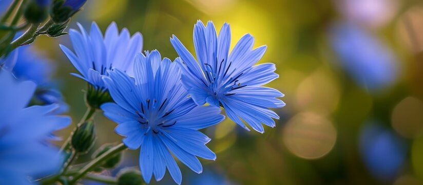 Blue sailors, also known as chicory, coffee weed, or succory, is a perennial herbaceous plant captured in a macro photo.