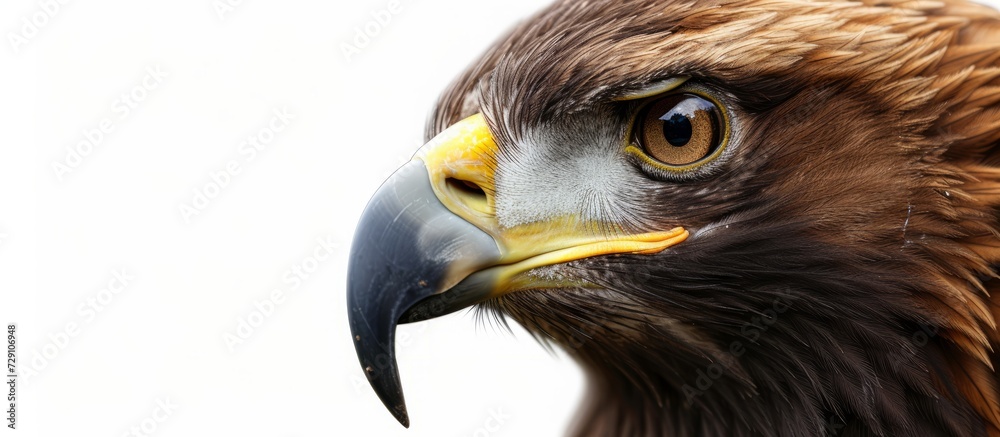 Sticker Closeup side view of a wild animal head focused on its nose, beak, and eyes, with a brown eagle bird face isolated on a white background. Ideal for wildlife fauna nature design reference.