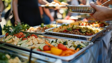 Obraz premium Person serving delicious food from a buffet, variety of colorful dishes available.